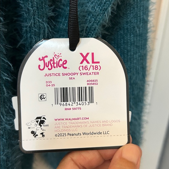 NWT PEANUTS X JUSTICE Teal Sweater Hoodie with Woodstock in Festive Cap, Sz S - Picture 8 of 8